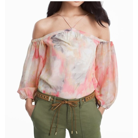 White House‎ Black Market Blouse Women Large Cold Shoulder Water Color Artsy - Picture 1 of 7